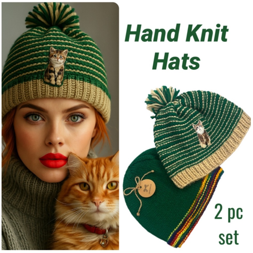 Cozy Cat Knit Beanie Warm Winter Hat Handcrafted Green Rainbow Womens One Size